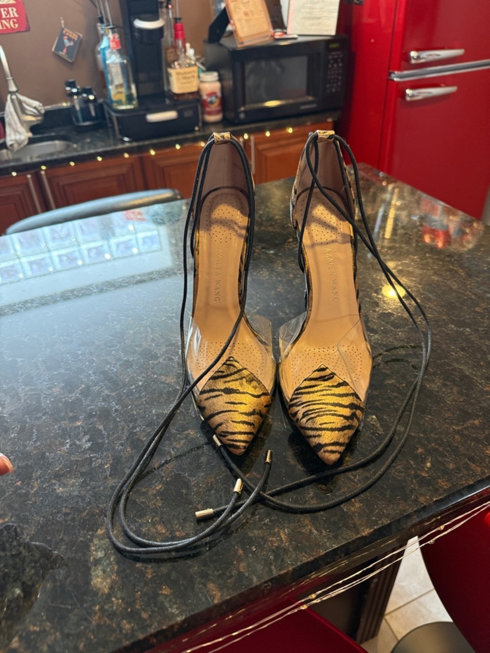 Tiger-Print Pointed Lace-Up Heels in Yellow/Black